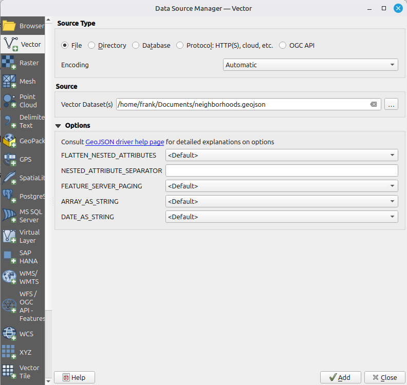 Select a GeoJSON file in Data Source Manager.