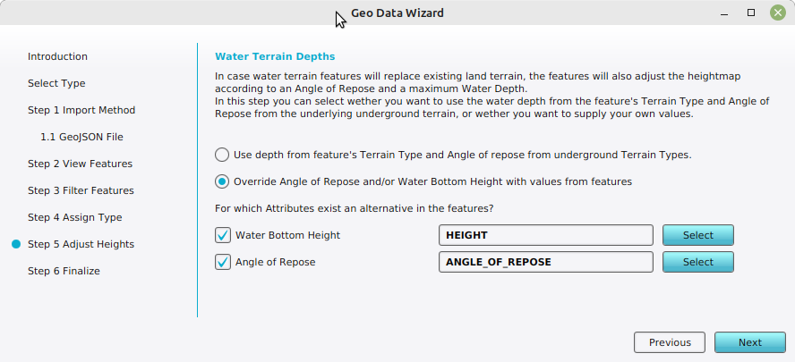 Specified the attributes to obtain an alternative height and angle of repose from the features.