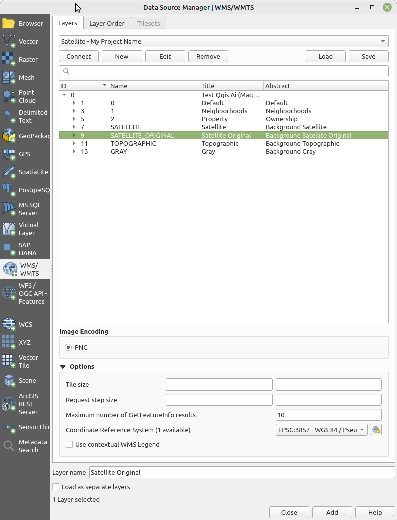 Connect to the WMS and select the Satellite Original layer.