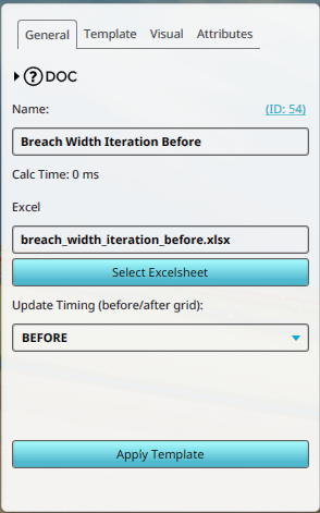 The Excel file and timing set for the Template Excel Panel.