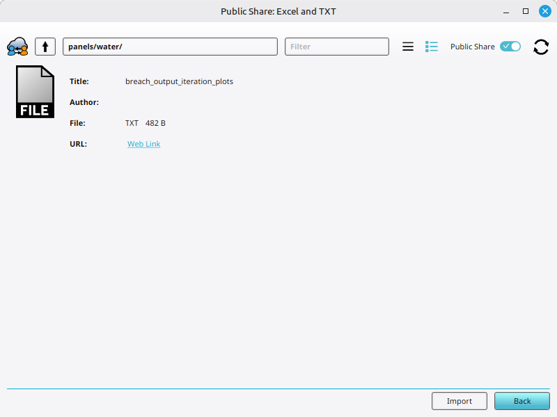 Inspecting and clicking on the import button of an Text file on the Public Share.