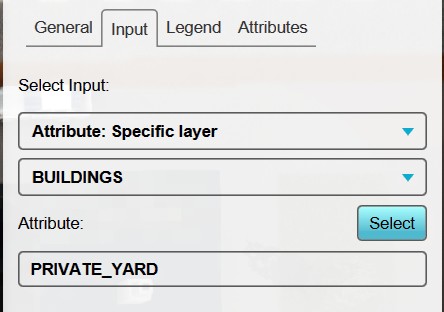 Ensure that for input 'Attribute: Specific Layer' and 'Buildings' is selected, and select or enter 'PRIVATE_YARD' as attribute.