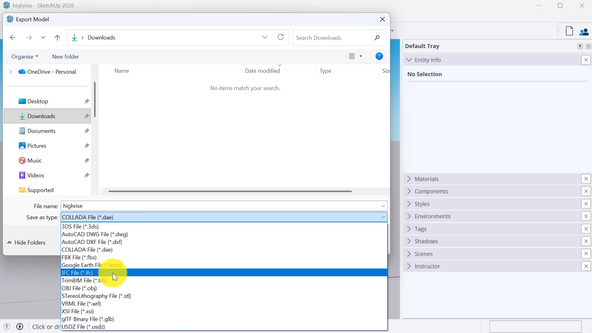 Choose ifc file type