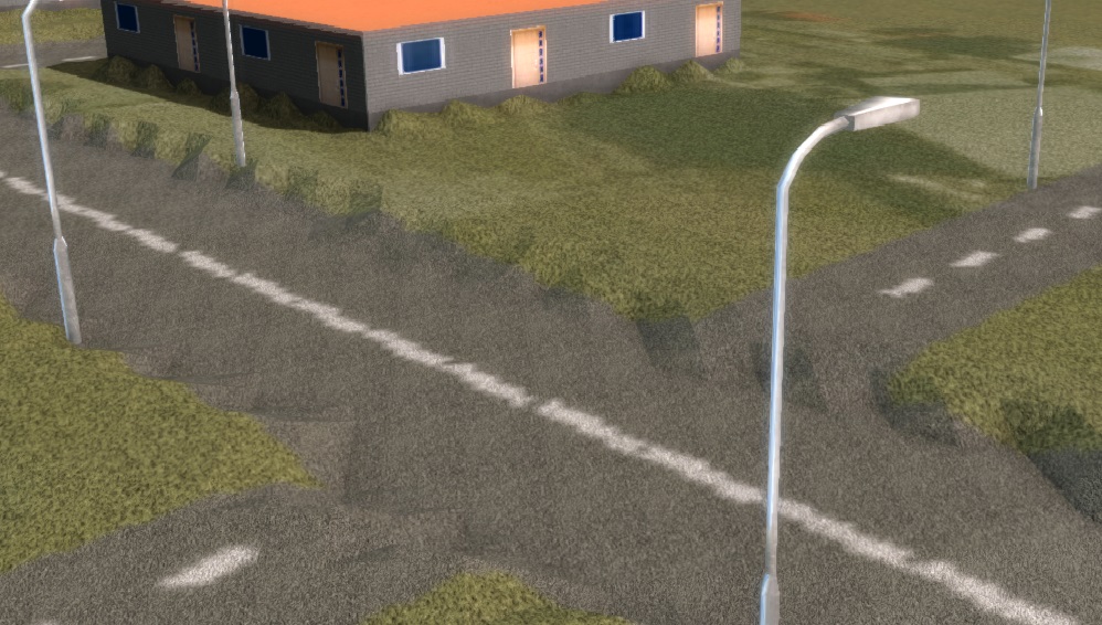 The locations of the main road and buildings had different elevations defined. The side roads are placed on the height map as-is.