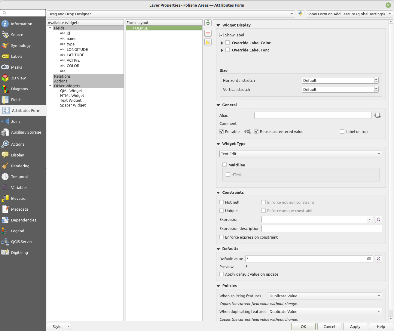 Filled in attribute form.