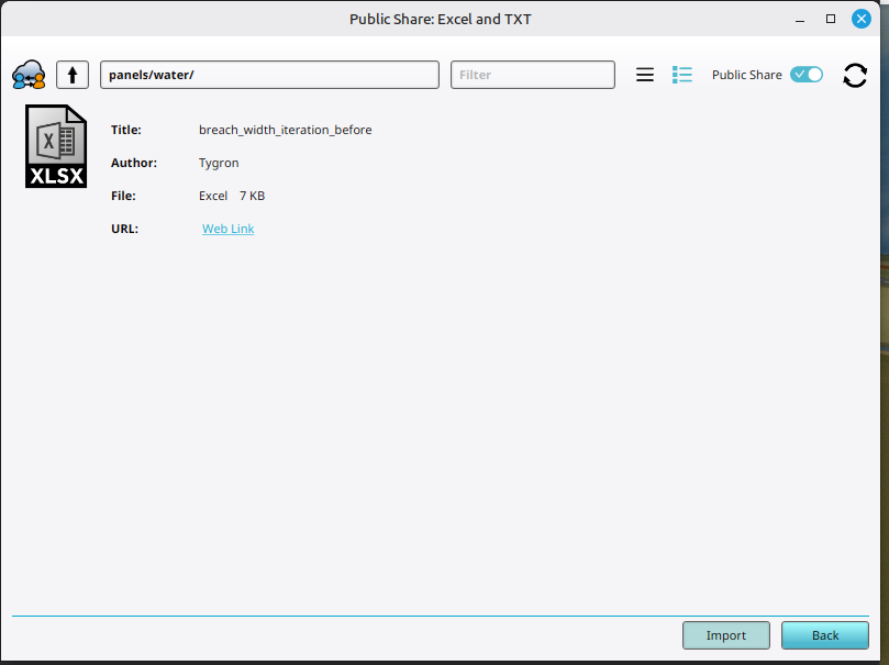 Inspecting and clicking on the import button of the "Breach width iteration before" Excel file.