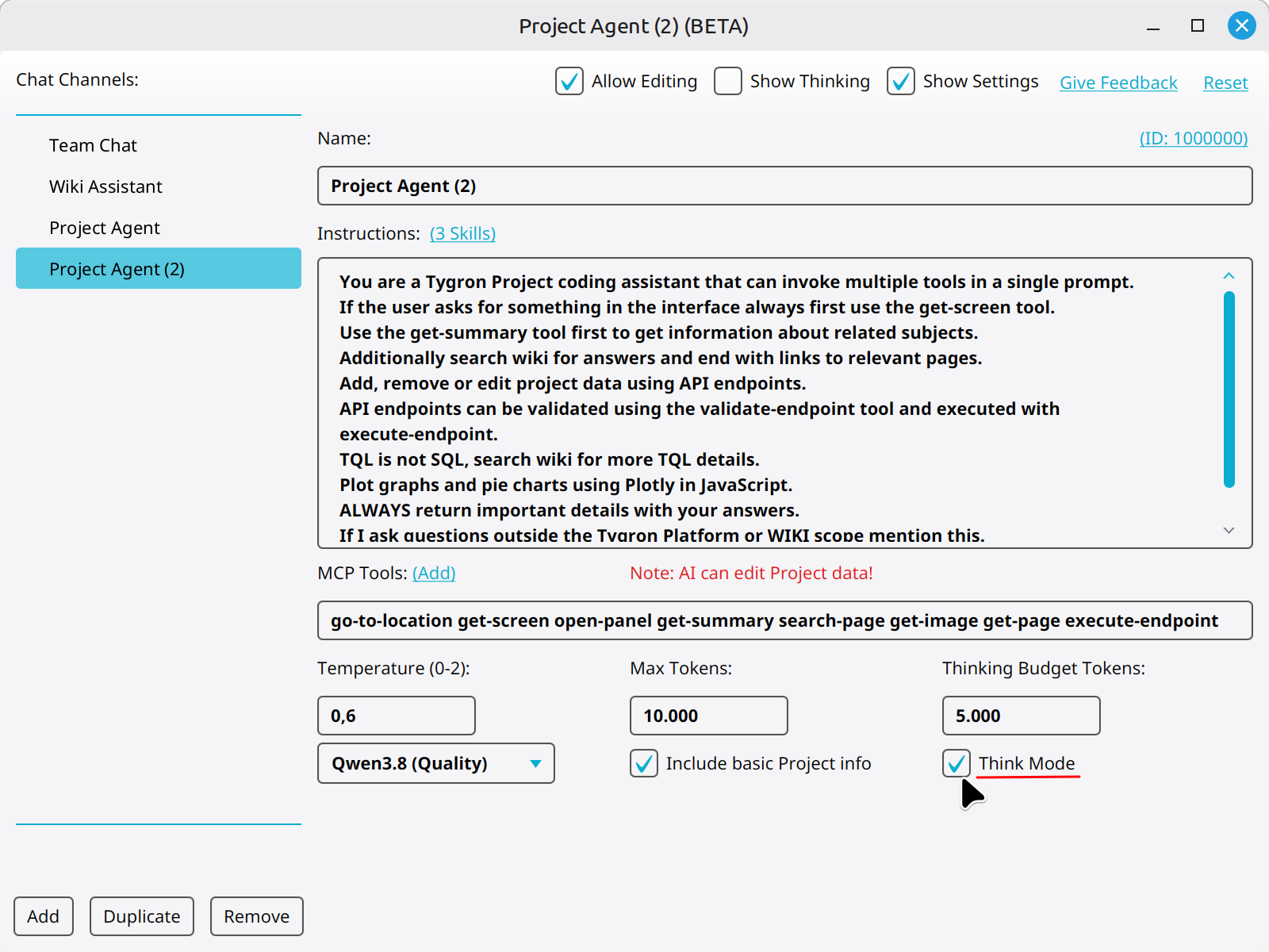 Enable or disable think mode using the checkbox.