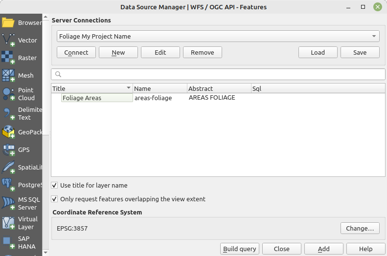 Connect to the WFS and select the Foliage Area layer.
