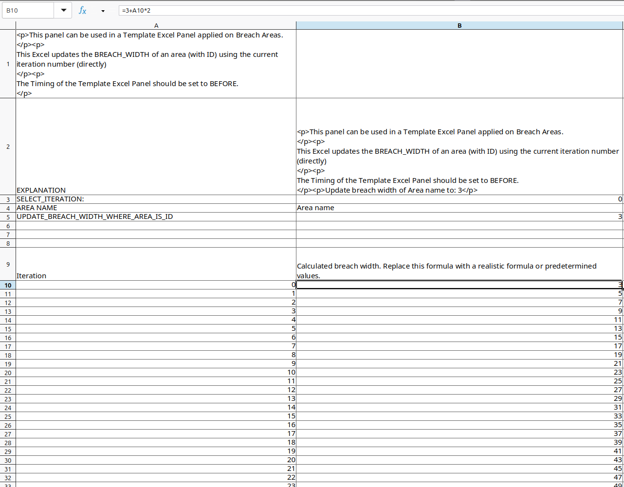 Selected cell with formula to change in opened breach width iteration before Excel file.