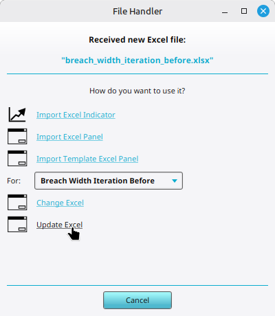 Selecting the option Change Template Excel File for Breach Width Iteration Before template panel.