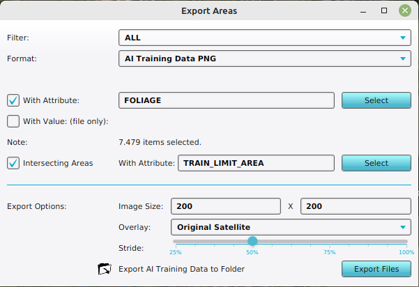Configuration of the Export AI Training Data as PNG's for Foliage Areas on a Satellite Overlay, with an intersecting area.