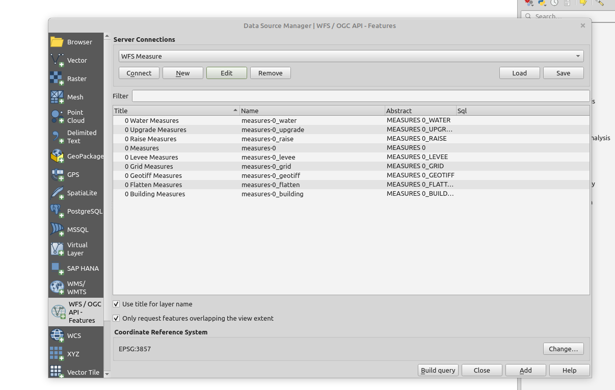 Select a Layer for the added QGIS WFS Connection of a Project's Measure WFS.