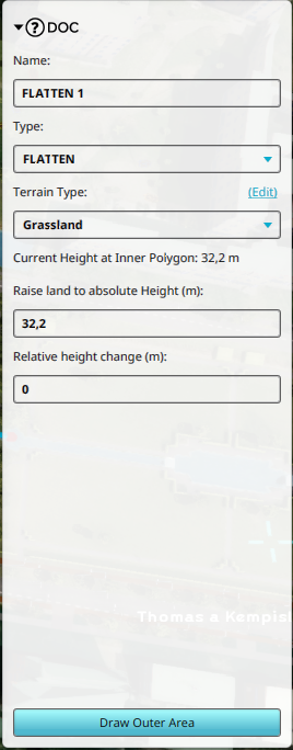 A TerrainSpatial of type Flatten shown in the Detail Panel