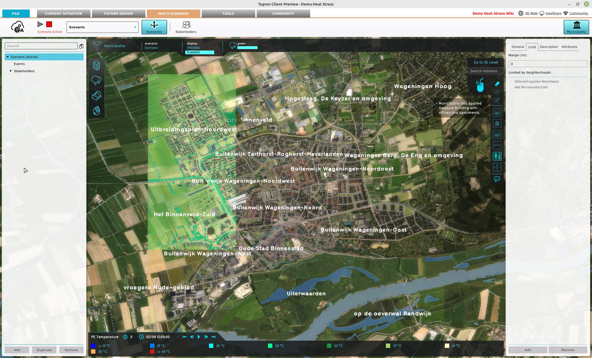 Heatstress Overlay with a Neighbhorhood Measure scope limited by neighborhoods and a margin of 0 meter.