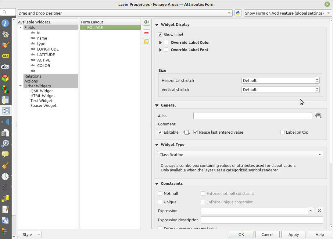 Widget Type set to Classification.